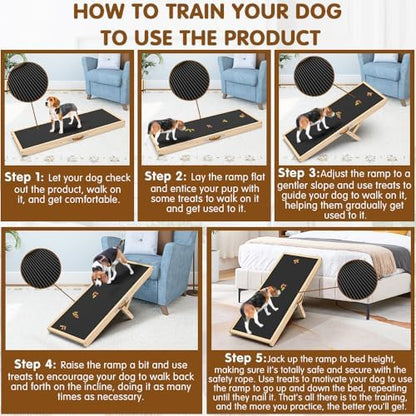 Dog Ramp for Couch with Non-Slip Silicone Mat, 39" Wooden Pet Ramps for Small Dogs, Hold up to 100lb, Adjustable Height from 11.41" to 20.47", Portable Stable Pet Step for Sofa Stairs - Image 6