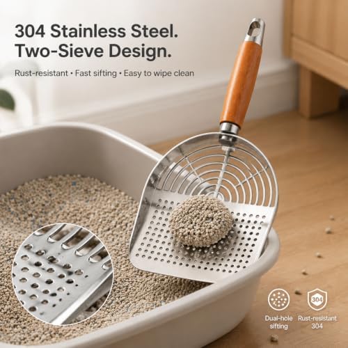 Cat Litter Scoop, Stainless Steel Litter Box Scooper Set, Included 1 Kitty Litter Scooper, 1 Wrenches, 1 Set of Brooms and Dustpans, 15 Kitty Waste Bags - Image 4