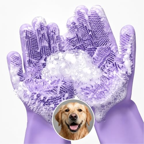 Cat and Dog Washing Gloves, 1 Pair, 11.6", Soft Silicone (Purple) by RZleticc