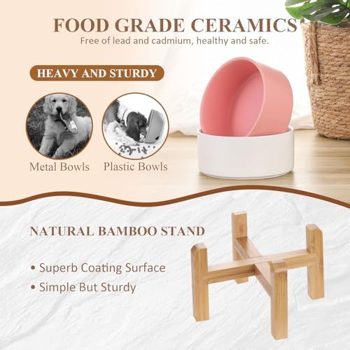 Ceramic Elevated Dog Bowl with Bamboo Stand, for Small & Medium Dog, Pink - Image 4