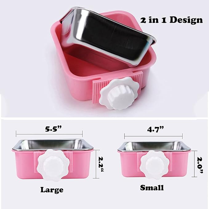 Love Dream Crate Dog Cat Bowls, Hanging Pet Cage Food Water Feeder with Removable Stainless Steel Bowls and Bolt Holder for Puppy Cat Rabbit Birds (Small, Pink)