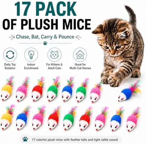 FYNIGO Cat Mouse Toys 17 Pack, Interactive Cat Toys for Indoor Cats, Catnip-Scented Plush Mice with Feather Tails & Rattle Sound, Kitten Toys for Entertainment, Exercise & Hunting Play - Image 2