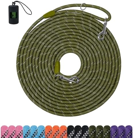 Long Dog Training Leash，Heavy Duty Reflective Rope Lead for Small Medium Large Dogs ，6FT 10FT 15FT 30FT 50FT for Training, Walking, Backyard, Camping (Olive Green, 15FT) by Unknown