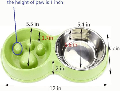 Slow Feeder Dog cat Double Bowl Stainless Steel and Anti-Choking Green