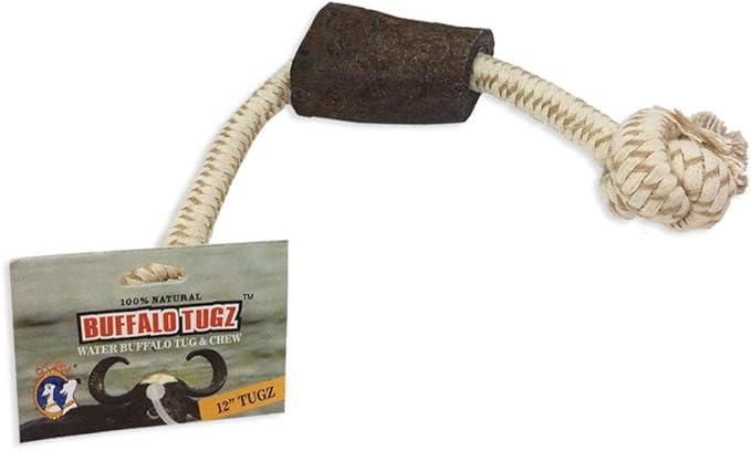 QT Dog 12” Water Buffalo Horn Rope Toy - Long-Lasting All-Natural Dog Chew, Ethically Sourced, Protein-Packed & Low Fat Dental Chews, Ideal for All Breeds & Aggressive Chewers - Cotton Rope