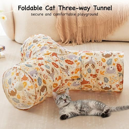 Tempcore Cat Tunnel, 3-Way Collapsible Toy for Indoor Cats, Beige Deer - Image 3
