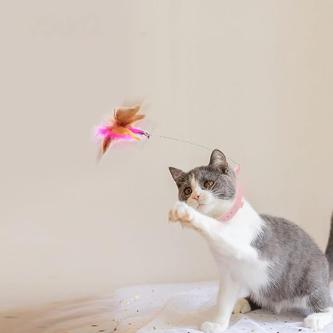 Interactive Cat Toy, Cat Teaser Wand Collar with Silicone Collar, Feather Toys for Kitten Play, Pink