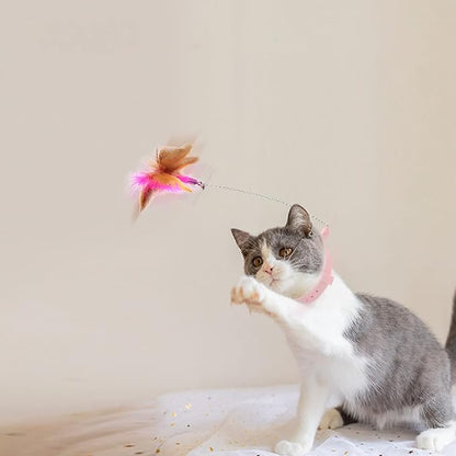 Interactive Cat Toy, Cat Teaser Wand Collar with Silicone Collar, Feather Toys for Kitten Play, Pink