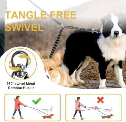 MingXpet Double Dog Leash for Two Dogs, No Pull Dog Leash, 360° Swivel No Tangle for Medium Dogs Walking & Training, Shock Absorbing Reflective Bungee, Black - Image 4