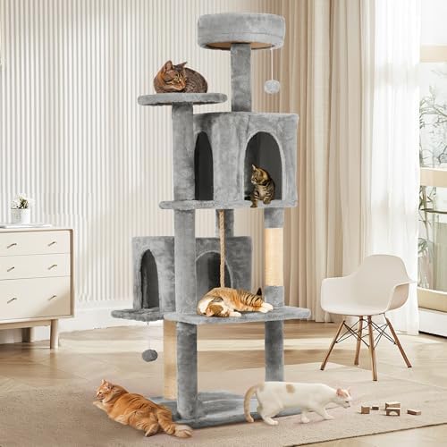 58.5inch Large Cat Tree Tower Condo for Indoor Cats, Soft Plush Multi-Level Climbing Tree Cat House with Cat Cave, Scratching Post, More Entrance/Exit, Sisal Rope, Light Grey - Image 3