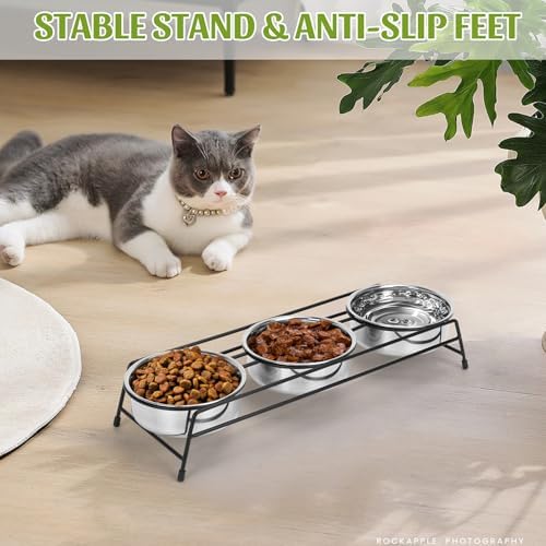 Raised Cat Bowls Triple Dog Cat Feeder Holders 3 Stainless Steel Elevated Pet Water Food Bowl for Cats Puppies Rabbits (3 Bowls) - Image 4