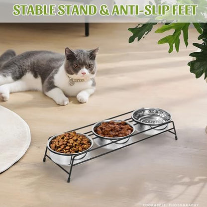 Raised Cat Bowls Triple Dog Cat Feeder Holders 3 Stainless Steel Elevated Pet Water Food Bowl for Cats Puppies Rabbits (3 Bowls) - Image 4