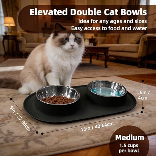 Double Cat Food Bowls with Silicone Base, Stainless Steel Dishes, Non-Slip Feeding & Water Station, Easy-Clean Pet Bowls for Cats, 1.75-Cup Capacity Each, Black - Image 3