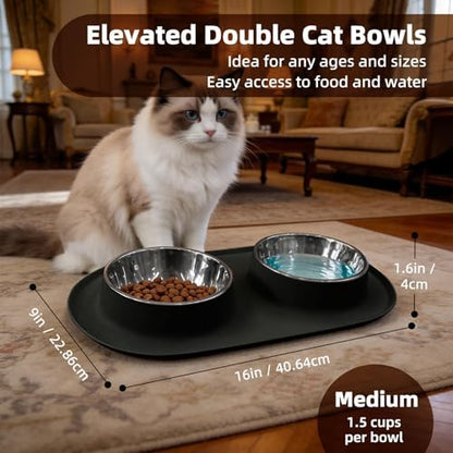 Double Cat Food Bowls with Silicone Base, Stainless Steel Dishes, Non-Slip Feeding & Water Station, Easy-Clean Pet Bowls for Cats, 1.75-Cup Capacity Each, Black - Image 3