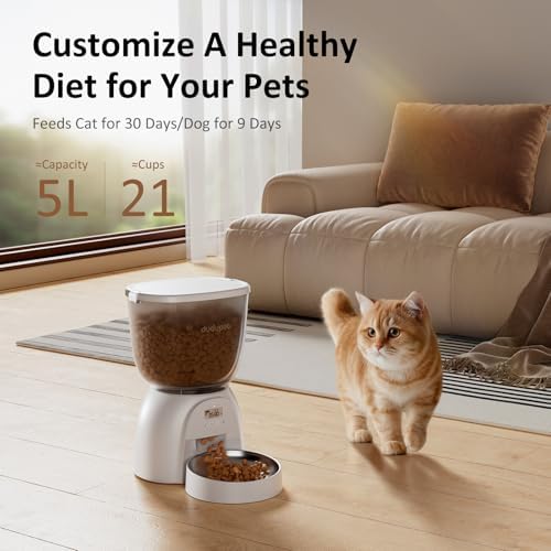 5L/21 Cup Automatic Cat Feeder, Timed Cat Food Dispenser, Automatic Pet Feeders Up to 6 Meals 1-20 Portion, Dual Power Supply Cats Feeder with Stainless Steel, Pet Dry Food Dispenser for Cats & Puppy - Image 3