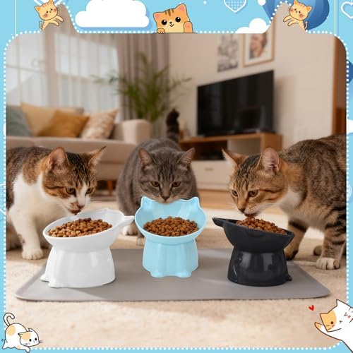 3 Pcs Elevated Cat Bowls 15°Raised Cat Food Bowl with Silicone Mat Blue - Image 6