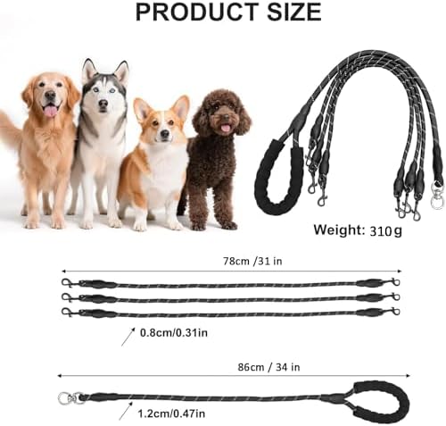 Double Dog Leash,No Tangle Dual Leash with Reflective Strips,Detachable 360° Swivel for Walking and Training Small Medium and Large Dogs(Black,3 in 1) - Image 4