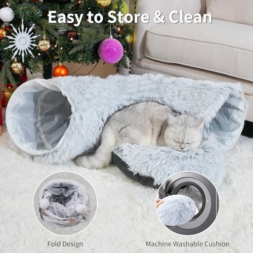 Cat Tunnels for Indoor Cats, Cat Tunnel Bed Under Christmas Tree, Collapsible Donut Tunnel for Medium & Large Cat, Peekaboo Cave Toy, Gray - Image 6