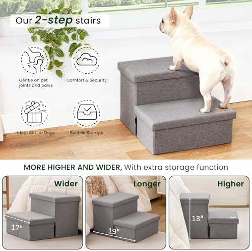 Love's cabin Dog Stairs for High Bed, Foldable Pet Stairs for Small Medium or Large Dogs Puppy with Storage for Bed or Couch, Cat Dog Steps Ramp with Zip up to 200 lbs, Solid Grey, 2 Steps - Image 5