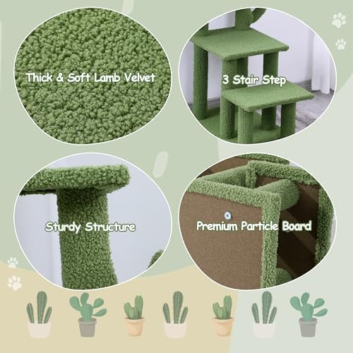 HOMBYS Cautus Cat Stairs for Old Cats & Dogs, Pet Steps for High Beds, Couch & Window,Vertical Cautus Green Cat Tree with Dangling Balls for Indoor Pets Climbing Playing, Holds Up to 150 Lbs, - Image 3