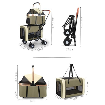 YYW Double Pet Stroller for Small Dogs & Cats - 4 in 1 Foldable Dog Stroller with 2 Detachable Carriers, Lockable Wheels & Safety Belts, Ideal for Multi-Pet Homes Walks & Travel(Green)
