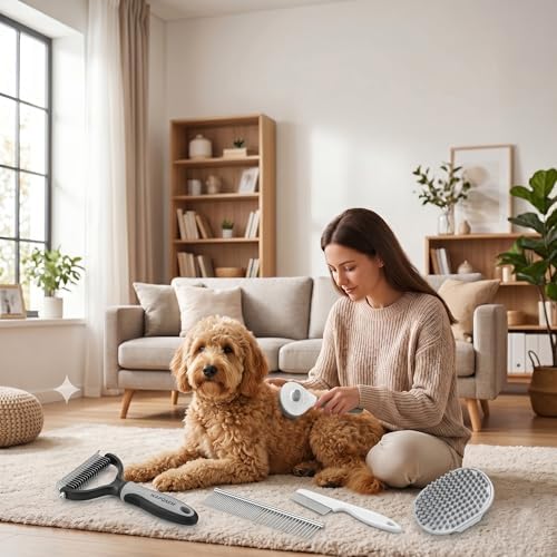 5-in-1 Dog Grooming Kit with Self Cleaning Brush & Rake, Grey - Image 5