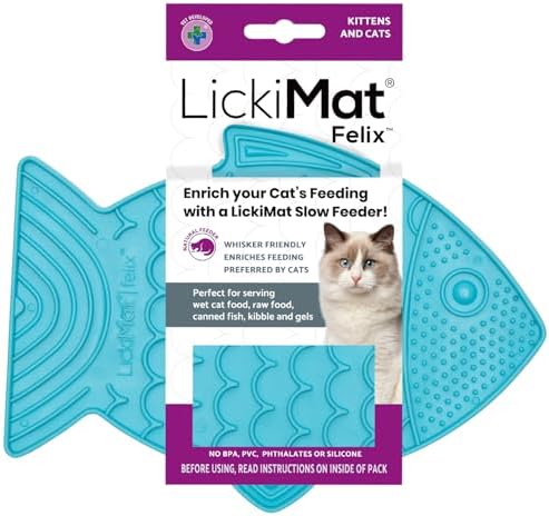 LickiMat Felix, Fish-Shaped Cat Slow Feeders Lick Mat, Boredom Anxiety Reducer; Perfect for Food, Treats, Yogurt, or Peanut Butter. Fun Alternative to a Slow Feed Cat Bowl or Dish, Turquoise by LICKIMAT