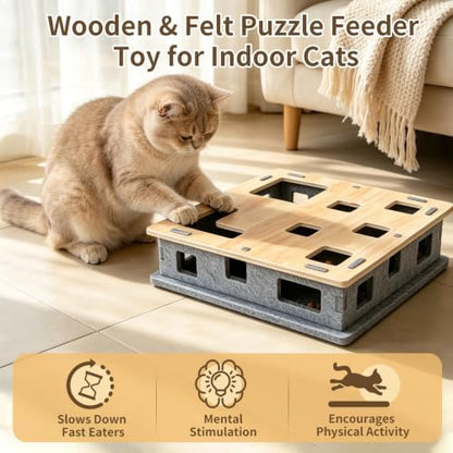 Wooden Felt Cat Slow Feeder Puzzle Box - Image 2