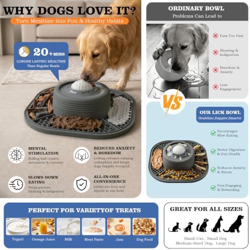 Dog Lick Bowl with Interactive Rolling Ball & Slow Feeder s,Grey - Image 2
