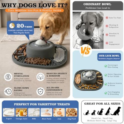 Dog Lick Bowl with Interactive Rolling Ball & Slow Feeder s,Grey - Image 2