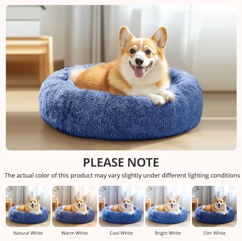 JOLLYVOGUE Calming Dog Beds Large Sized Dog, 36in Donut Washable Large Pet Bed, Anti-Slip & Anti-Anxiety Fluffy Faux Fur Round Dogs Bed, Fits up to 80 lbs Pets (Navy Blue) - Image 6