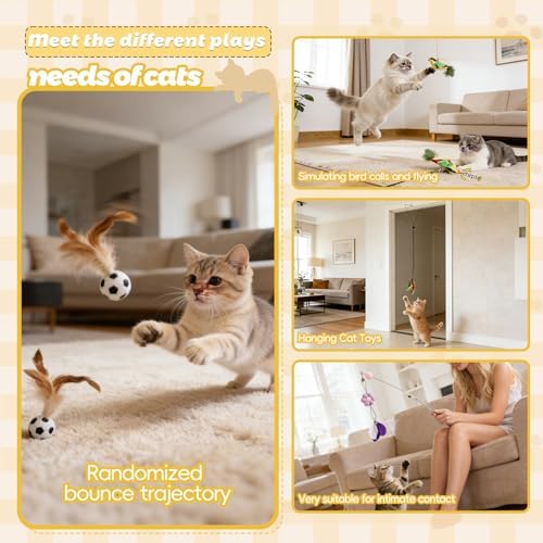 Interactive Cat Toys for Indoor Cats - 3-in-1 Feather Wand Cat Toy Set with Door Frame Hanging Cat Toy, Floor Feather Ball and Replaceable Feather & Tassel Teaser Heads - Image 2