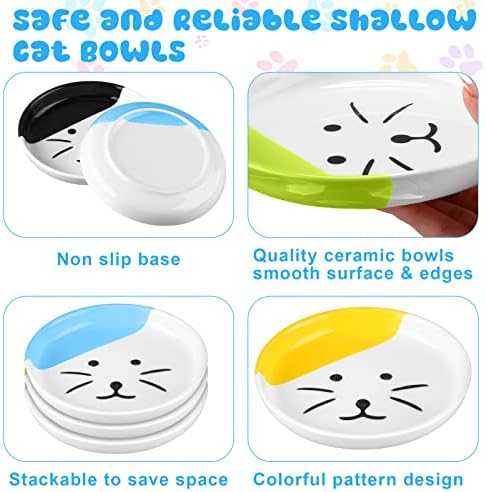 Hillban 5 Pcs Ceramic Cat Food Plate Set, 6'' Shallow Dish, Multicolor, Cat - Image 3