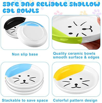 Hillban 5 Pcs Ceramic Cat Food Plate Set, 6'' Shallow Dish, Multicolor, Cat - Image 3