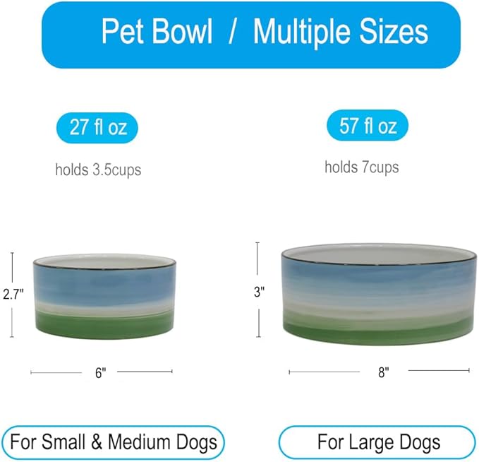 Ceramic 8inch Dog Bowl for Large-Breed Dogs, Anti-Slip and Weighted Porcelain Pet Food and Water Bowl Dish -Blue & Green 7 Cups