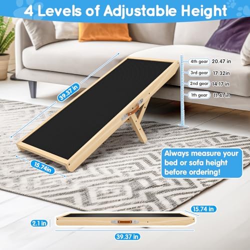 Dog Ramp for Couch with Non-Slip Silicone Mat, 39" Wooden Pet Ramps for Small Dogs, Hold up to 100lb, Adjustable Height from 11.41" to 20.47", Portable Stable Pet Step for Sofa Stairs - Image 3