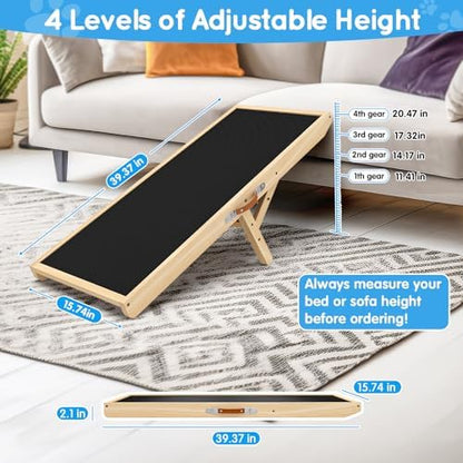 Dog Ramp for Couch with Non-Slip Silicone Mat, 39" Wooden Pet Ramps for Small Dogs, Hold up to 100lb, Adjustable Height from 11.41" to 20.47", Portable Stable Pet Step for Sofa Stairs - Image 3