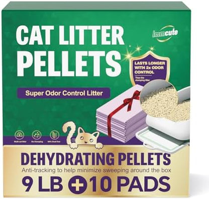 IMMCUTE Zeolite Litter Pellets, 9lb Bag Lasts 60 Days, Odor Control Cat Litter Pellets with Extra 10 Ct Pee Pads, Non Clumping Cat Litter, Low-Tracking, Unscented by IMMCUTE