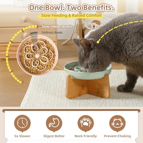 Elevated Slow Feeder Cat Bowl - Melamine Cat Dish with Anti-Slip Bamboo Stand - Whisker Friendly Feeding Bowl - Floral Maze Food Plate for Slow Eating - Green - Image 3