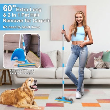 mupapi Carpet Rake for Pet Hair Removal, Reusable Pet Hair Remover Broom, 60'' Adjustable Long Handle Dog and Cat Hair Remover Tool Set of 3, Lint Remover Scraper for Carpets, Rugs, Mats, Couch, Car - Image 5