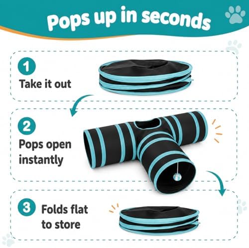 Cat Tunnel for Indoor Cats – 3-Way Collapsible Cat Tunnels with Hanging Ball & Peep Hole, Crinkle Pop-Up Play Tube Toy for Cats, Kittens, Puppies & Rabbits - Image 3