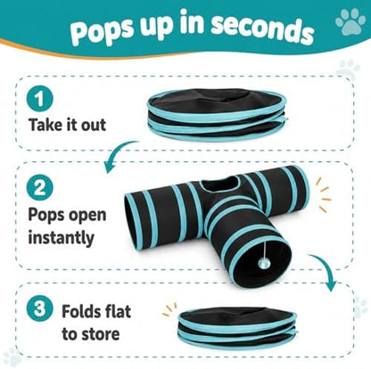 Cat Tunnel for Indoor Cats – 3-Way Collapsible Cat Tunnels with Hanging Ball & Peep Hole, Crinkle Pop-Up Play Tube Toy for Cats, Kittens, Puppies & Rabbits - Image 3