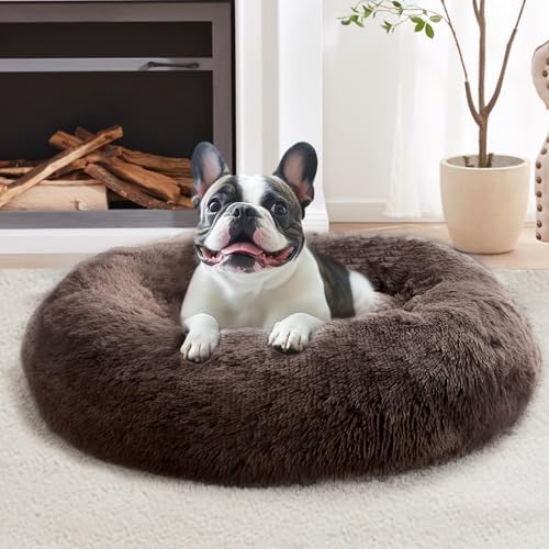JOLLYVOGUE Calming Dog Beds Large Sized Dog, 36in Donut Washable Large Pet Bed, Anti-Slip & Anti-Anxiety Fluffy Faux Fur Round Dogs Bed, Fits up to 80 lbs Pets （Chocolate） by JOLLYVOGUE