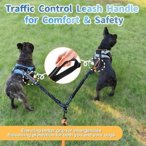 Double Dogs Leash - Removable Main Lead Rope with Splitter, No Tangle 2 Dog Coupler, Reflective No Pull Bungee, 3 Handle, D-Ring, Extra Long for Walk Train Medium Large Two Pet (Black) - Image 4