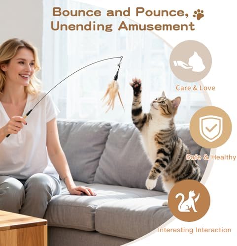 Pawaboo Cat Feather Wand Interactive Toy, 2 Feathers + 1 Wand with Bell - Image 5