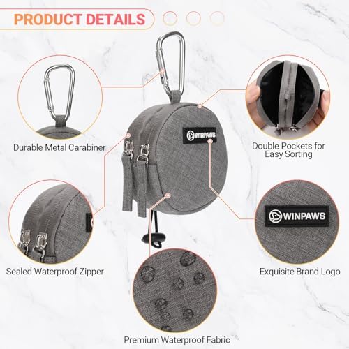 Dog Poop Bag Holder for Leashes- Dog Treat Pouch with Waterproof Zipper,Puppy Training Small Bag with Carabiner & Bungee Toggle,Two Pockets for Dry or Wet Treats-Pet Travel Walking Essentials (Grey) - Image 3