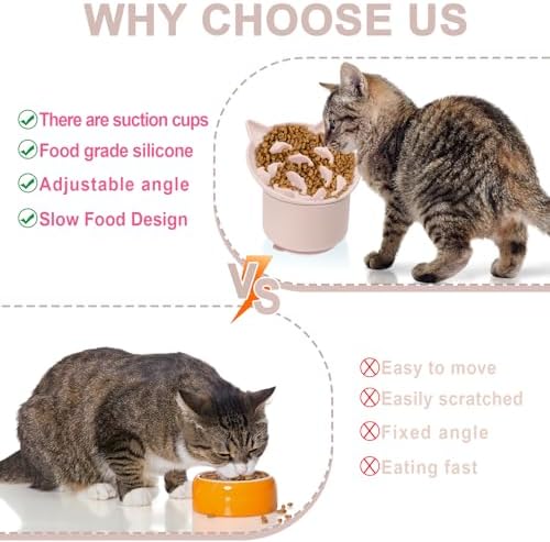 Silicone Cat Slow Feeder, Elevated Slow Feeder Bowl Tilt Design, Suitable for Dry and Wet Food, Adjustable Angle, Cat Food Puzzle with Suction Cup(Pink) - Image 6