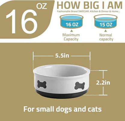 Sweejar Ceramic Dog Bowls with Bone Pattern, Dog Food Dish for Small Dogs, Porcelain Pet Bowl for Water 16 Fl Oz (White)