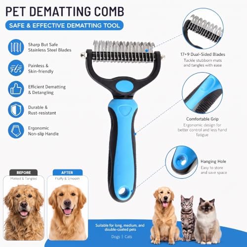 Dual-Sided Dog Brush, Safe Deshedding Tool for Long Haired Cats and Dogs, Dematting Comb, Pet Hair Remover, Deshedding Brush for Pets, Blue - Image 2