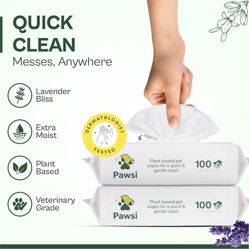 Pawsi Pet Wipes for Dogs and Cats, Hypoallergenic Grooming Wipes for Paws, Body and Butt, Cleaning and Hydrating, Lavender Scented, 2 Pack (100 Wipes Each, 200 Total) - Image 2